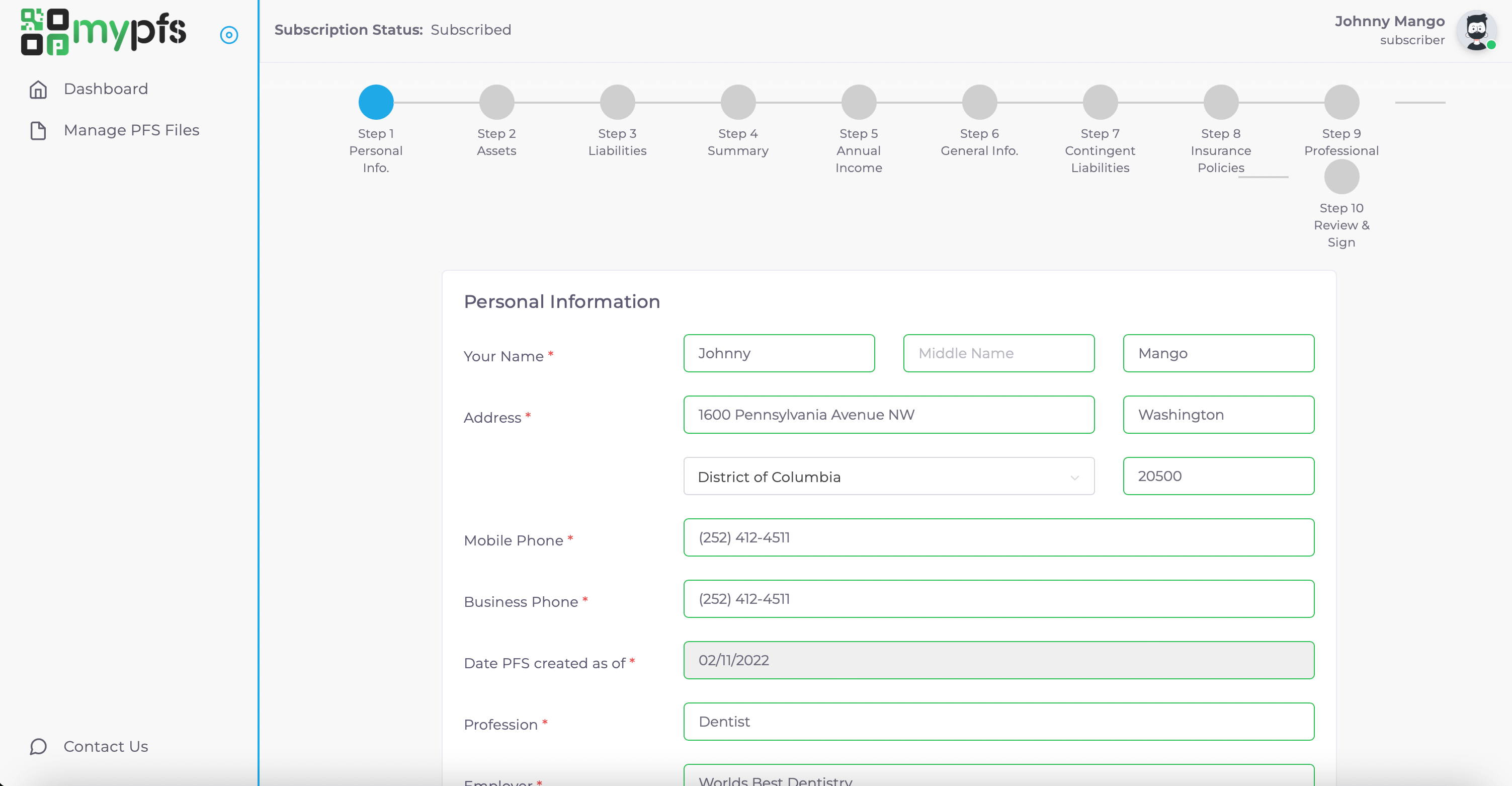 myPFS.io - Personal Financial Statement System Dashboard PDF Spreadsheet